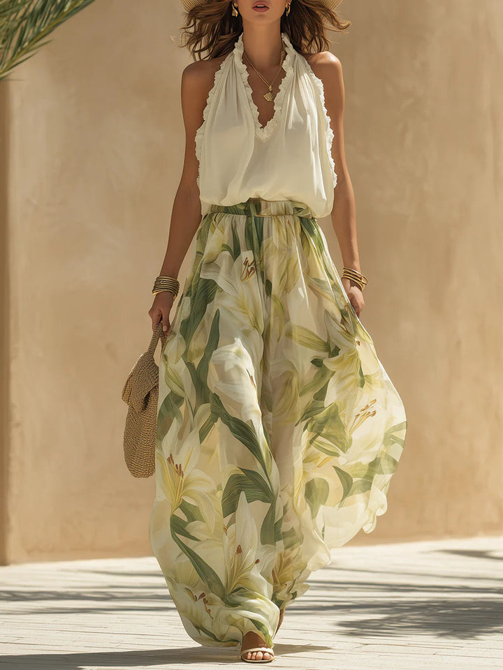 Lila Chiffon Ruffled Top and Lily Print Trousers Set