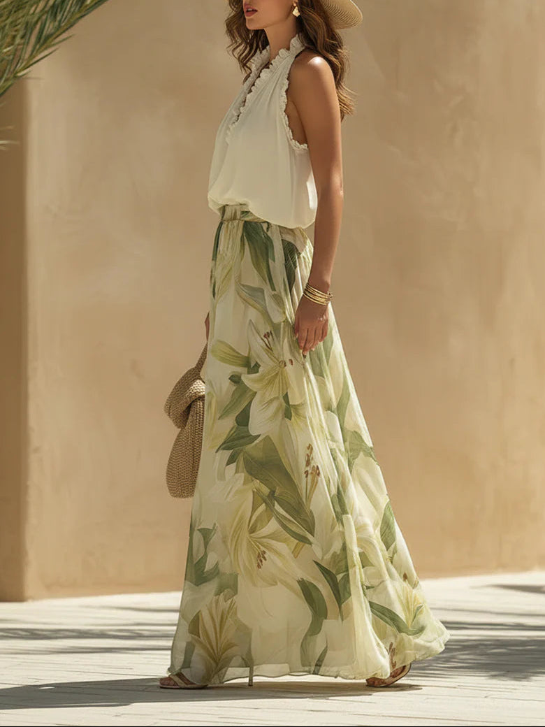 Lila Chiffon Ruffled Top and Lily Print Trousers Set