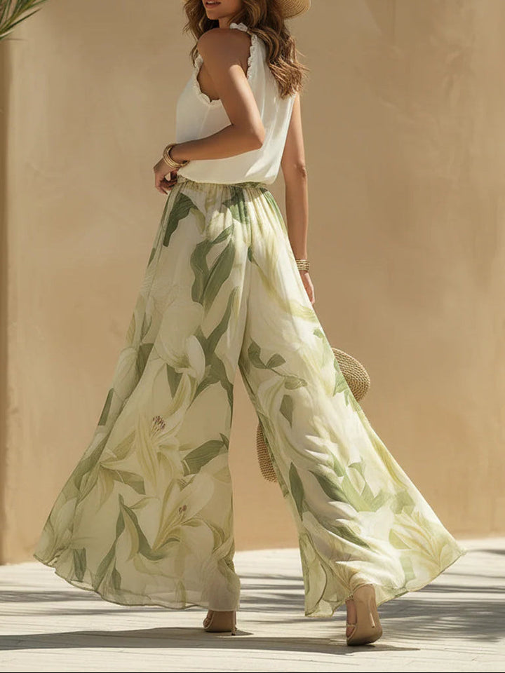 Lila Chiffon Ruffled Top and Lily Print Trousers Set