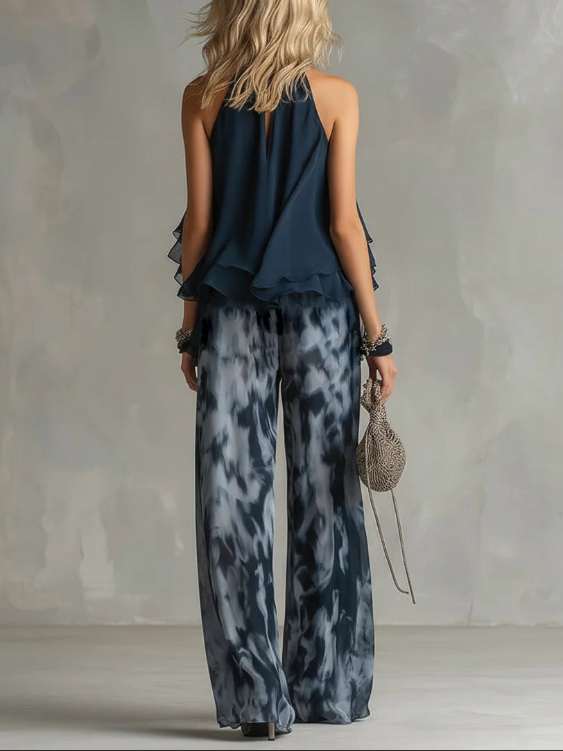 Sofia Halter Neck Top and Printed Wide-leg Trousers Set