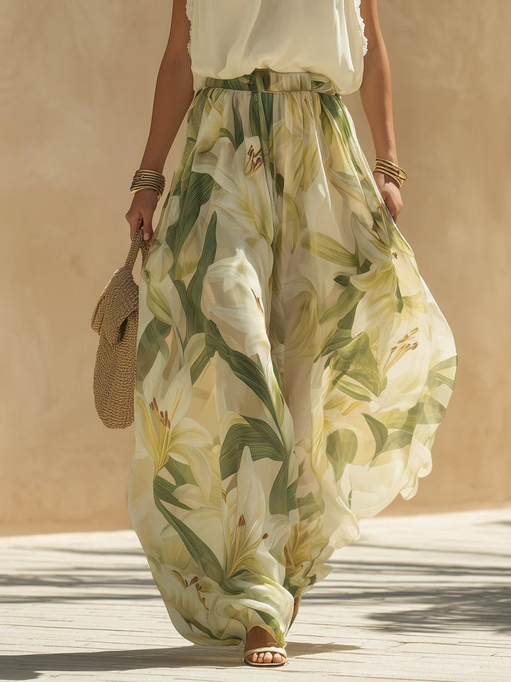 Lila Chiffon Ruffled Top and Lily Print Trousers Set