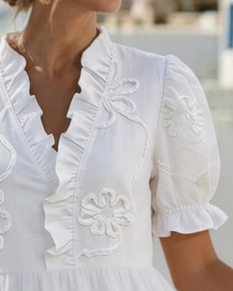 MARGOT™ – Short Puff Sleeve Floral Print Midi Dress