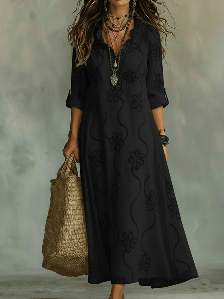 VIVIENNE™ – Vintage Floral Ruffle Collar Maxi Dress