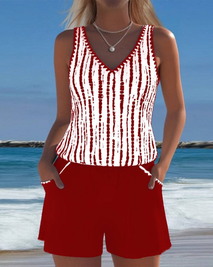 Printed Two-Piece Swimsuit with Relaxed V-Neck