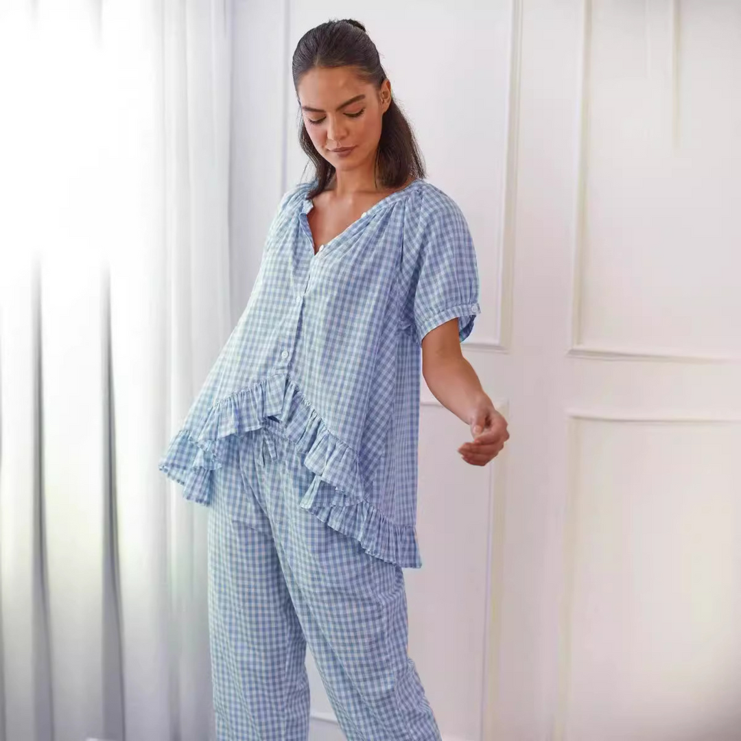 NEVERLAND™ - Casual Plaid Puff Sleeve Top and Trousers Set