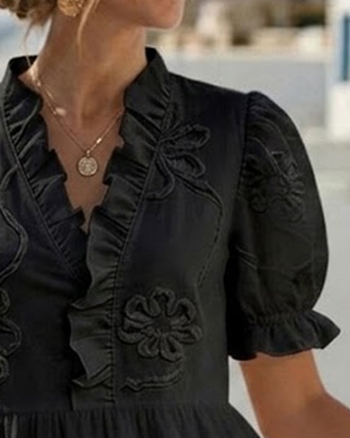 MARGOT™ – Short Puff Sleeve Floral Print Midi Dress