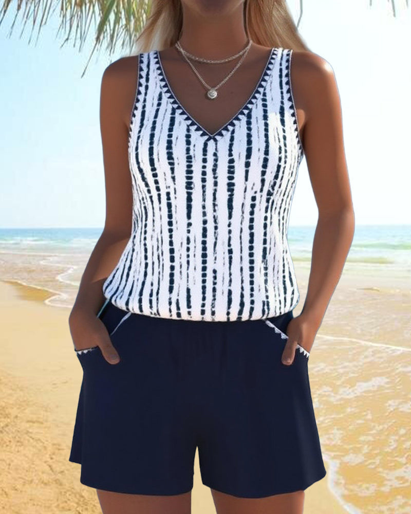 Printed Two-Piece Swimsuit with Relaxed V-Neck