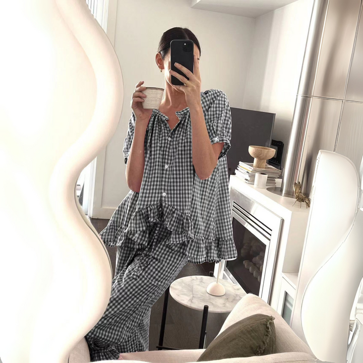 NEVERLAND™ - Casual Plaid Puff Sleeve Top and Trousers Set