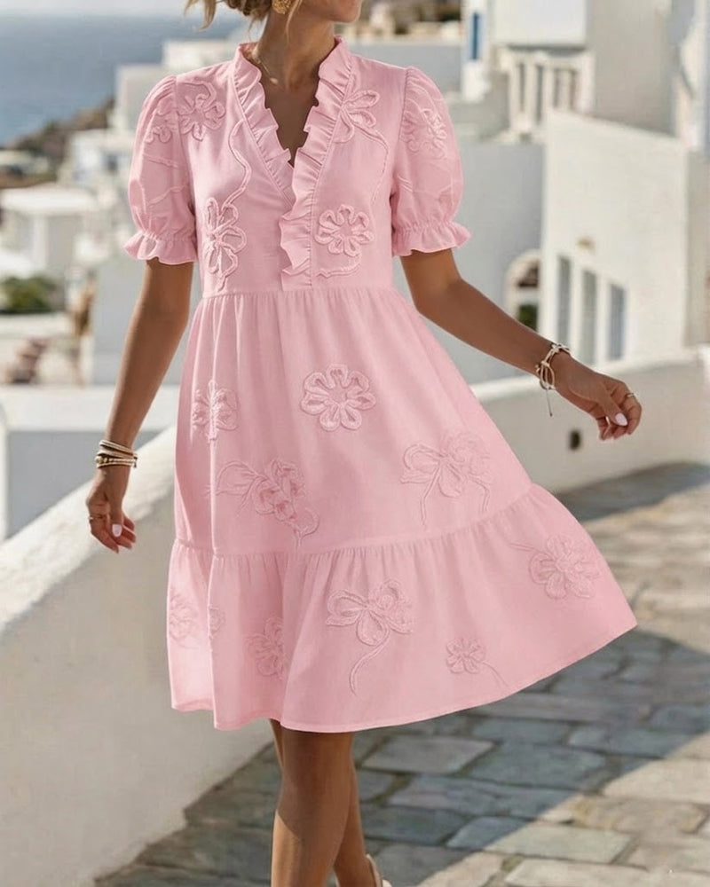 MARGOT™ – Short Puff Sleeve Floral Print Midi Dress