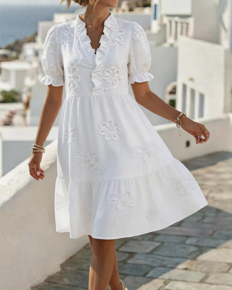 MARGOT™ – Short Puff Sleeve Floral Print Midi Dress