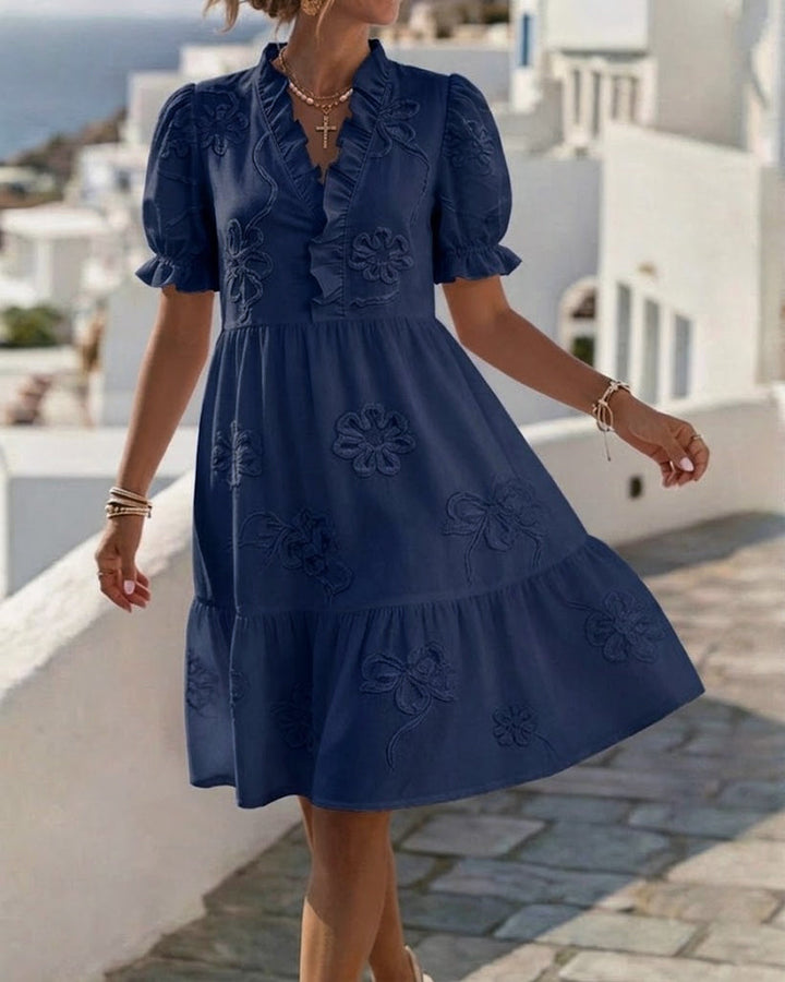 MARGOT™ – Short Puff Sleeve Floral Print Midi Dress