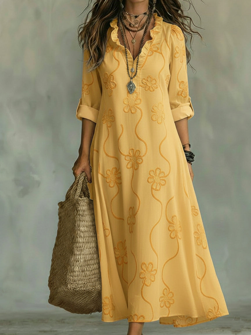 VIVIENNE™ – Vintage Floral Ruffle Collar Maxi Dress