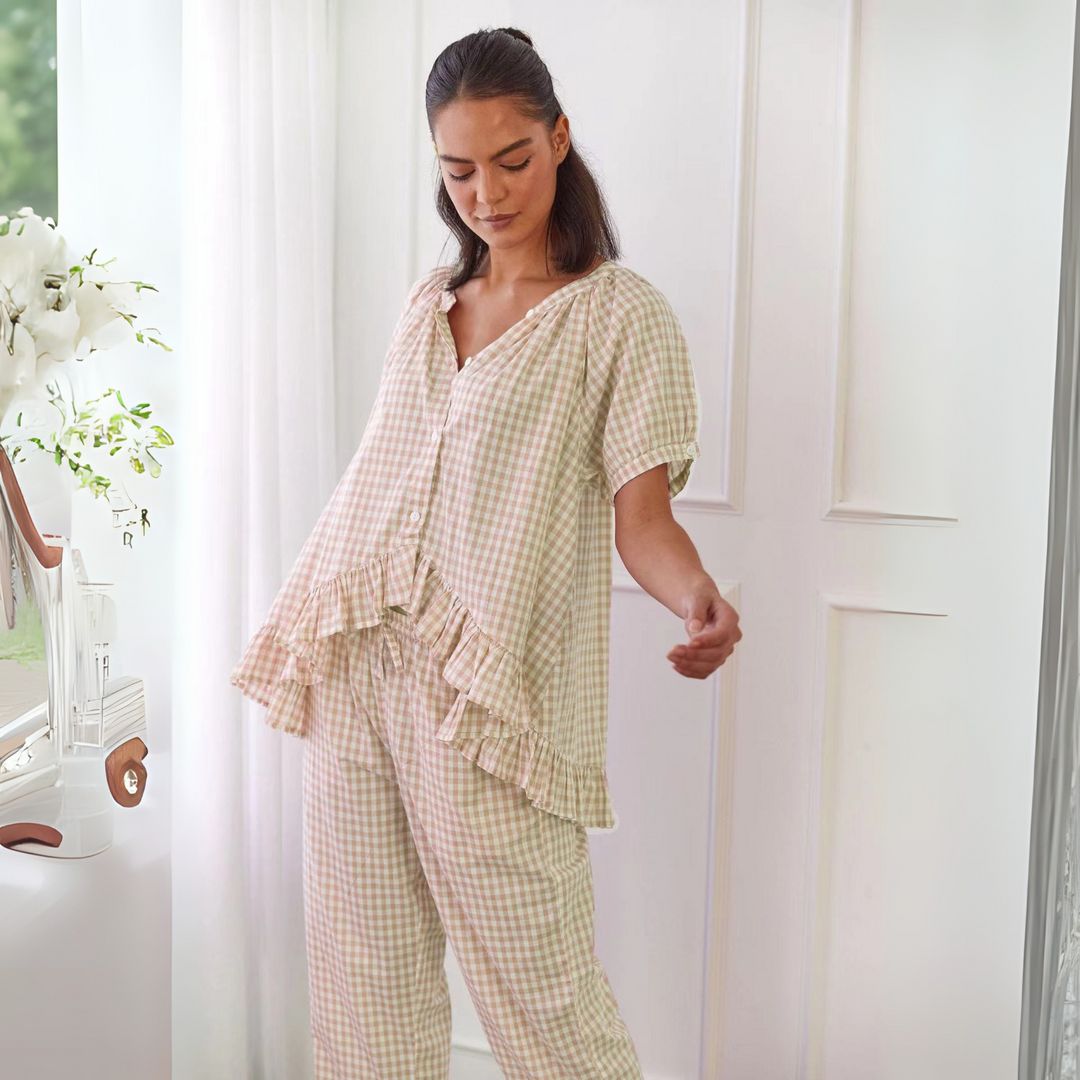 NEVERLAND™ - Casual Plaid Puff Sleeve Top and Trousers Set