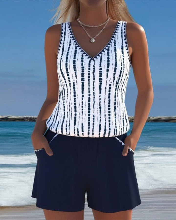 Printed Two-Piece Swimsuit with Relaxed V-Neck