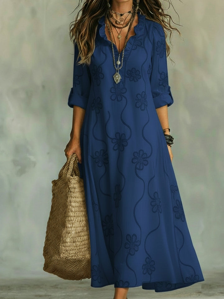 VIVIENNE™ – Vintage Floral Ruffle Collar Maxi Dress