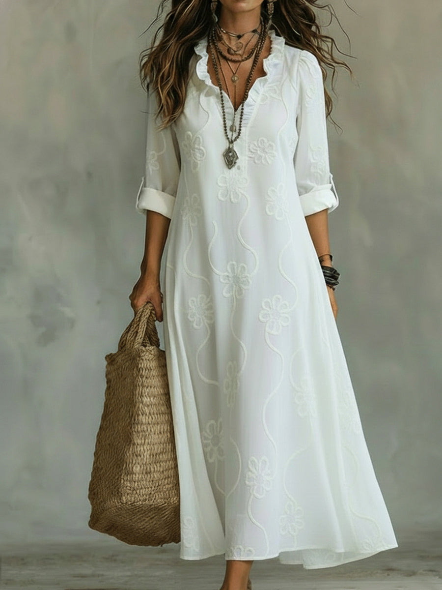 VIVIENNE™ – Vintage Floral Ruffle Collar Maxi Dress