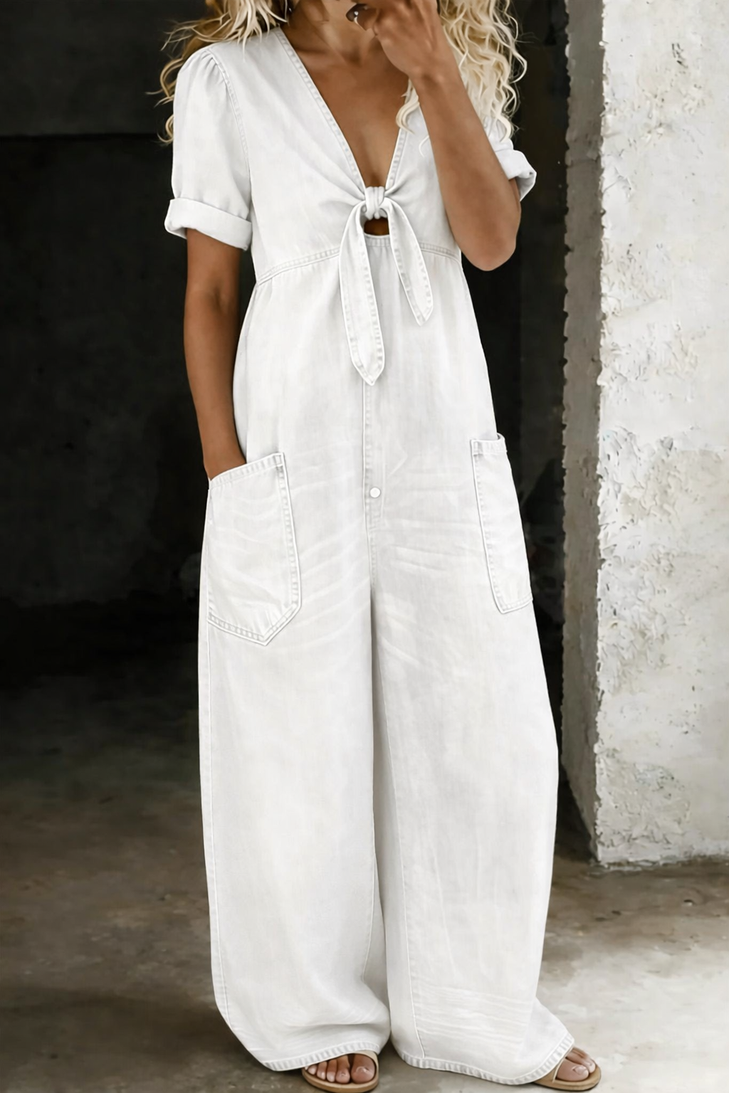 MAYA™ – Wide-Leg Denim Tie-Front Jumpsuit