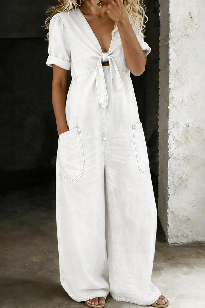 MAYA™ – Wide-Leg Denim Tie-Front Jumpsuit