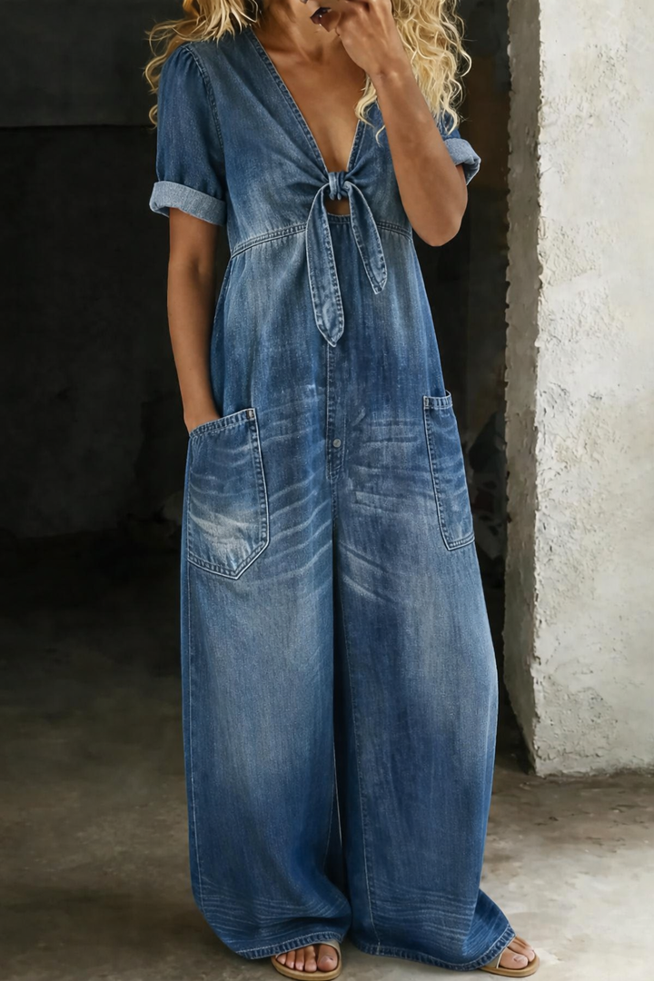 MAYA™ – Wide-Leg Denim Tie-Front Jumpsuit