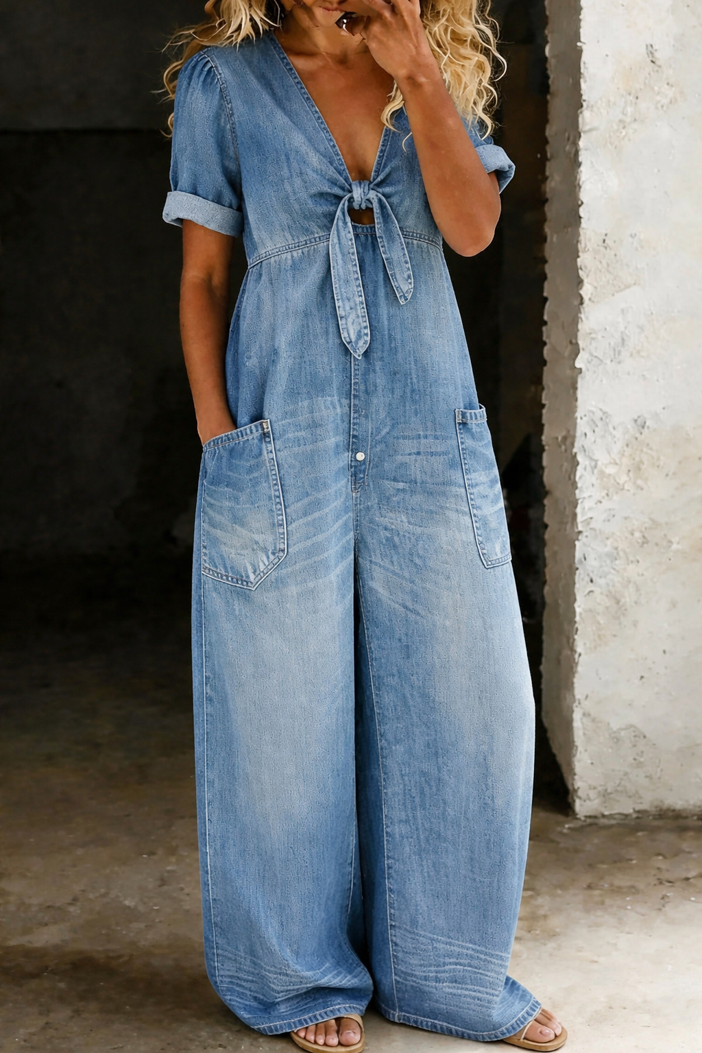 MAYA™ – Wide-Leg Denim Tie-Front Jumpsuit