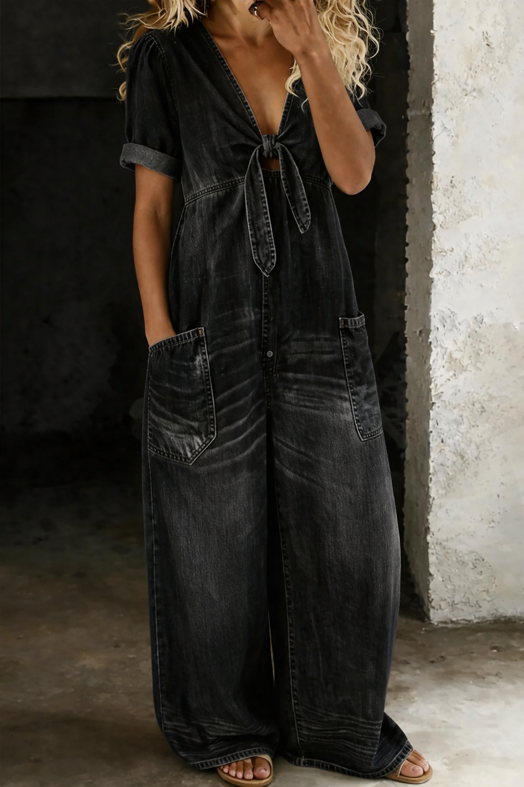 MAYA™ – Wide-Leg Denim Tie-Front Jumpsuit