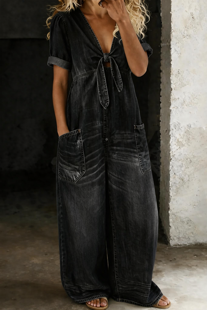 MAYA™ – Wide-Leg Denim Tie-Front Jumpsuit