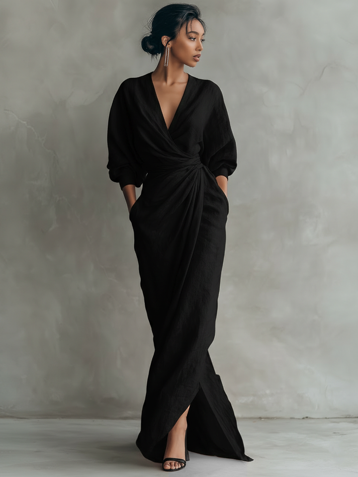 MARGOT™ – Draped Wrap Linen Maxi Dress