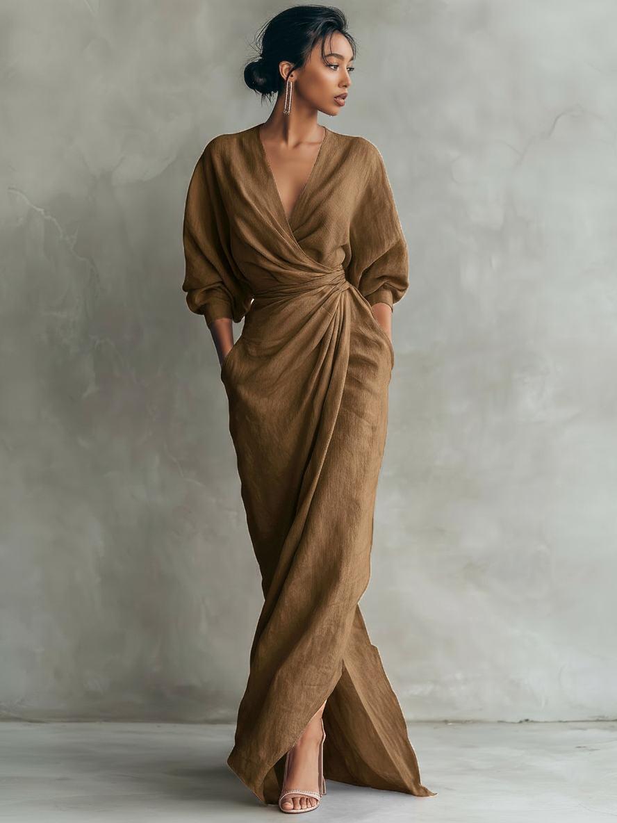 MARGOT™ – Draped Wrap Linen Maxi Dress