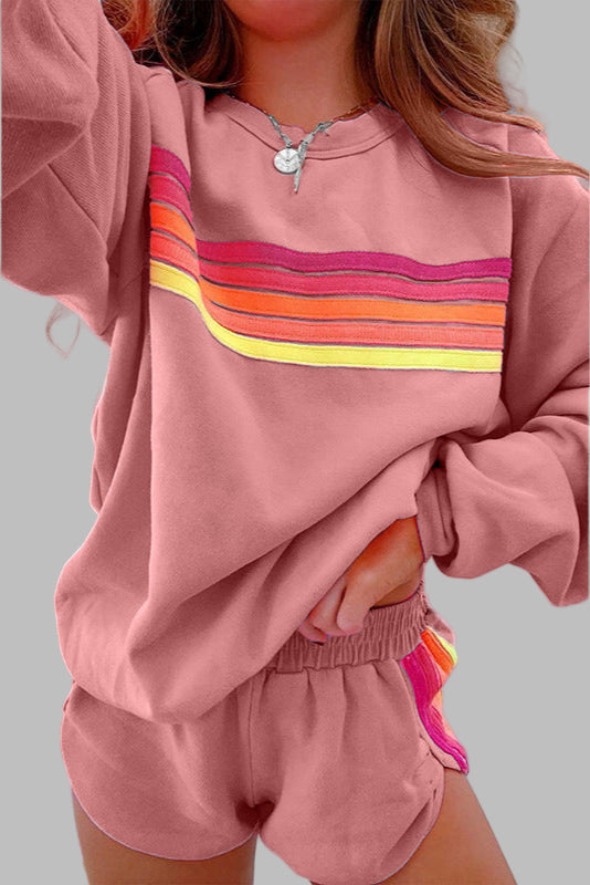 JOVIE™ - Comfy Striped Crew Neck Top and Shorts Pyjama Set