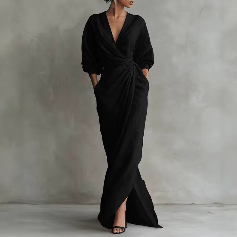 MARGOT™ – Draped Wrap Linen Maxi Dress