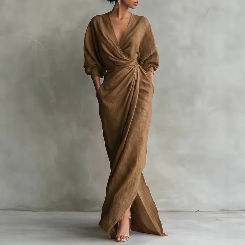MARGOT™ – Draped Wrap Linen Maxi Dress