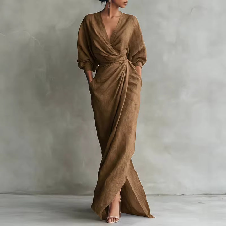 MARGOT™ – Draped Wrap Linen Maxi Dress