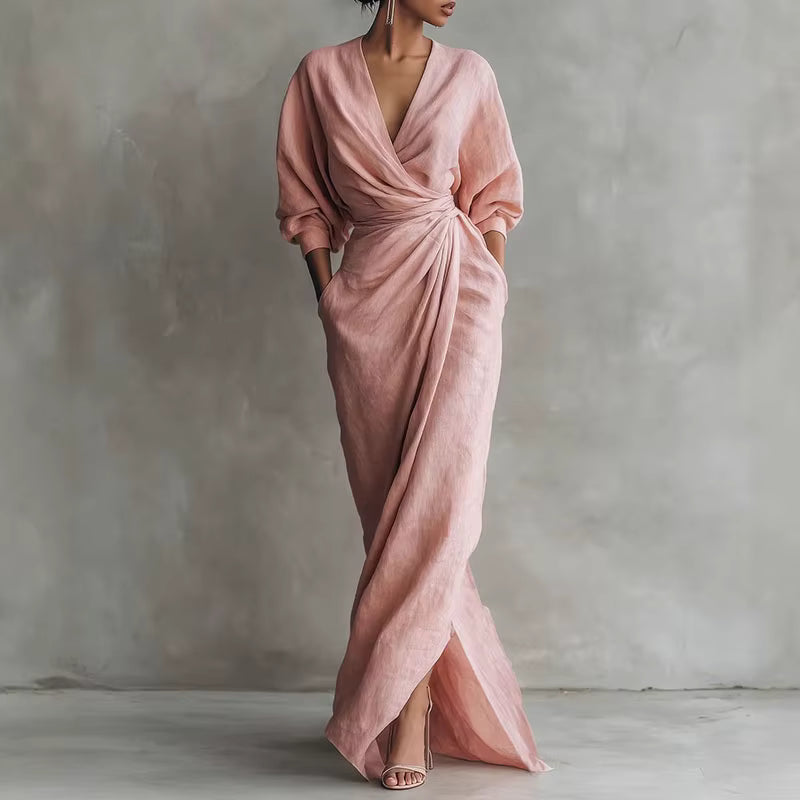MARGOT™ – Draped Wrap Linen Maxi Dress