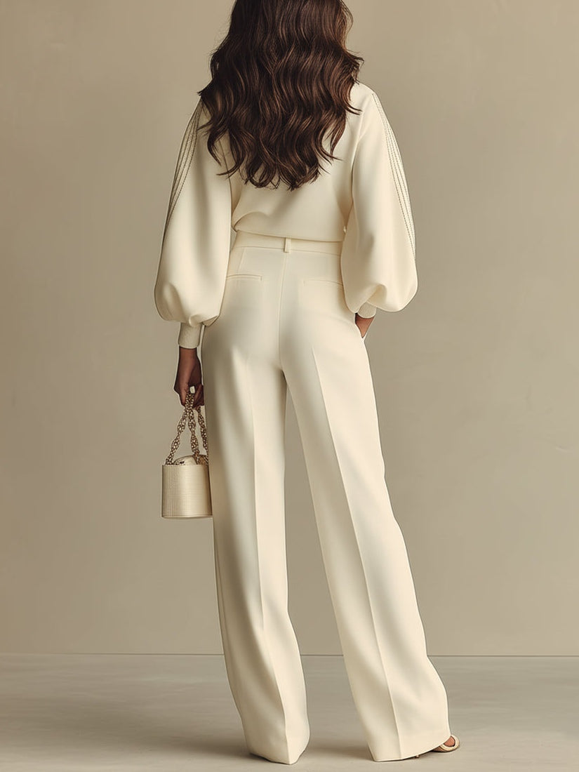 Sophie Ribbed Crew Neck Top and High-waisted Wide-leg Trousers Suit