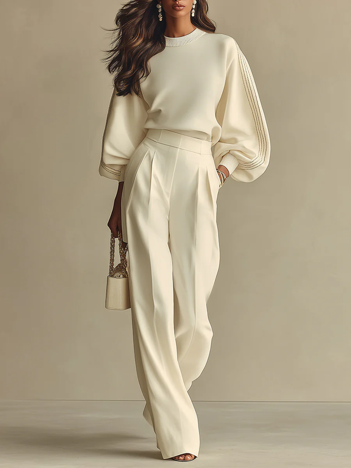 Sophie Ribbed Crew Neck Top and High-waisted Wide-leg Trousers Suit