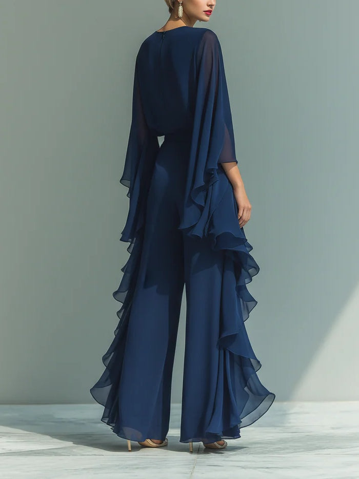 Nina Chiffon Bell-Sleeve Top and Ruffled Trousers Set