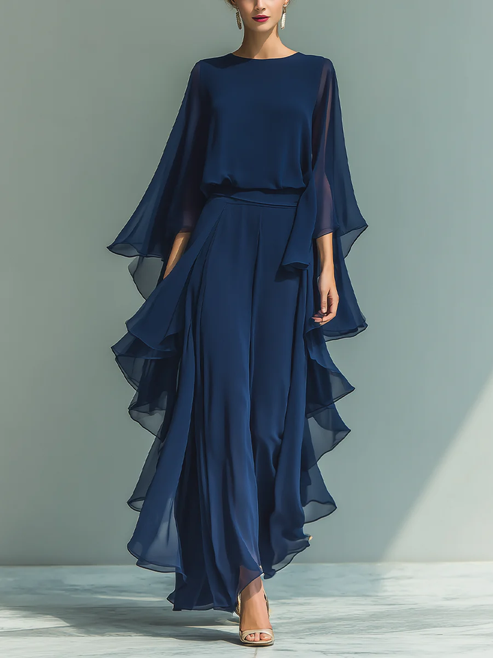 Nina Chiffon Bell-Sleeve Top and Ruffled Trousers Set