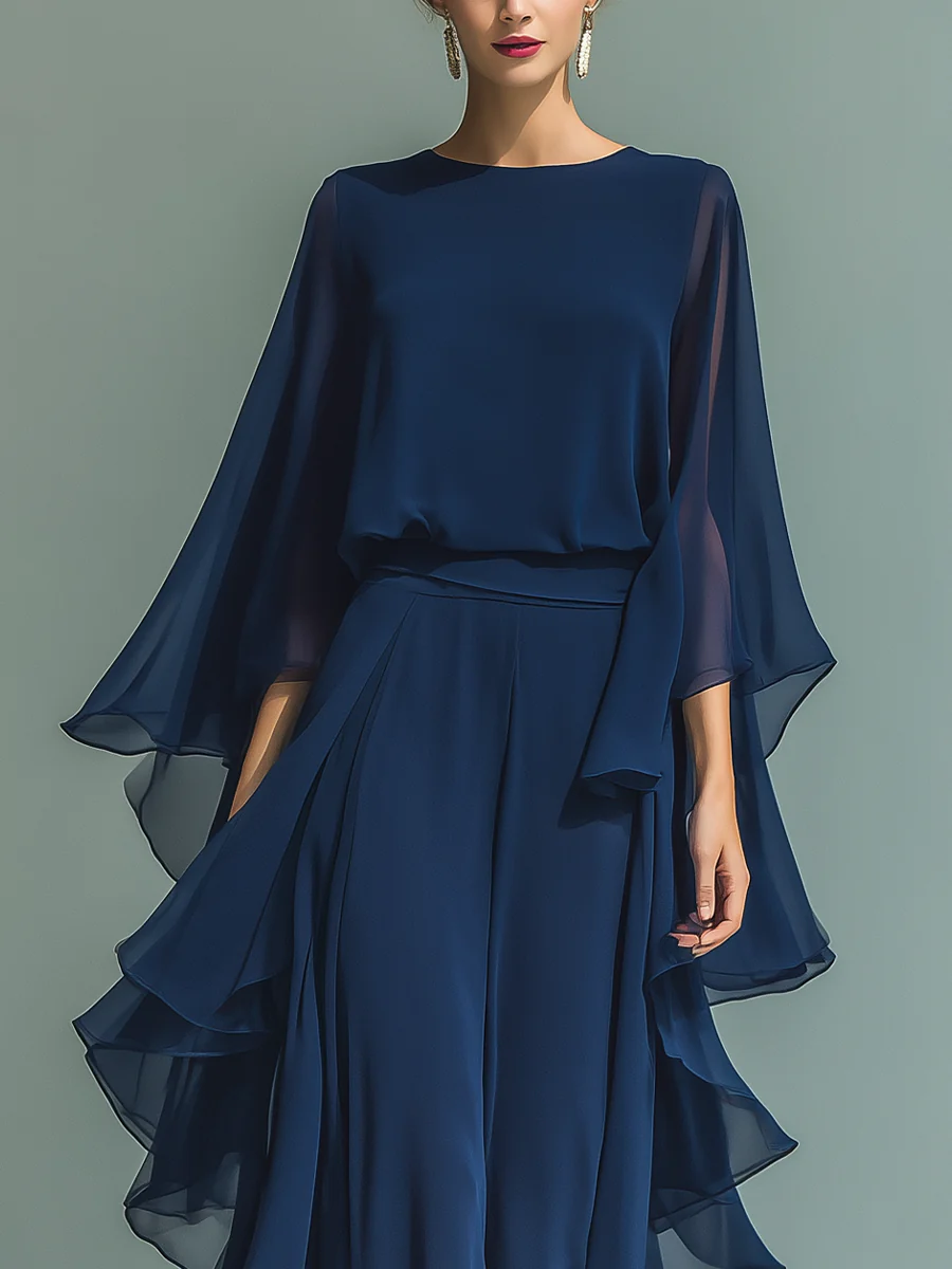 Nina Chiffon Bell-Sleeve Top and Ruffled Trousers Set