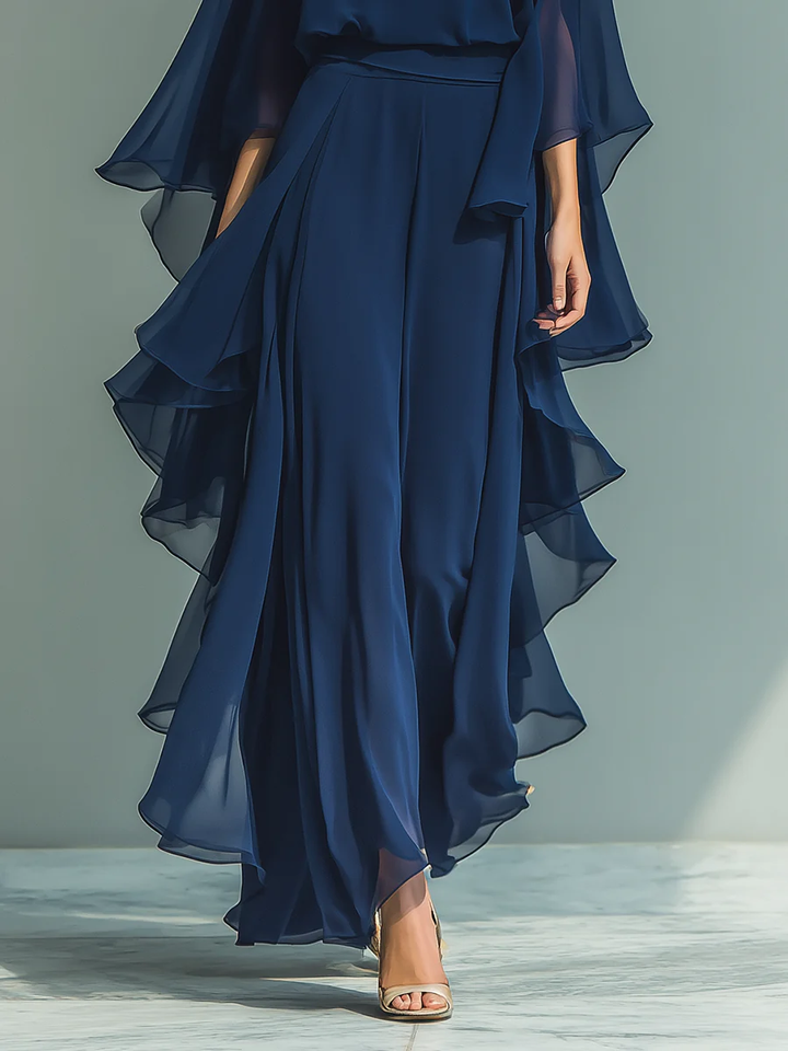Nina Chiffon Bell-Sleeve Top and Ruffled Trousers Set
