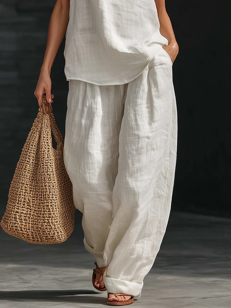 Lila V-neck Sleeveless Top and Wide-leg Trousers Set