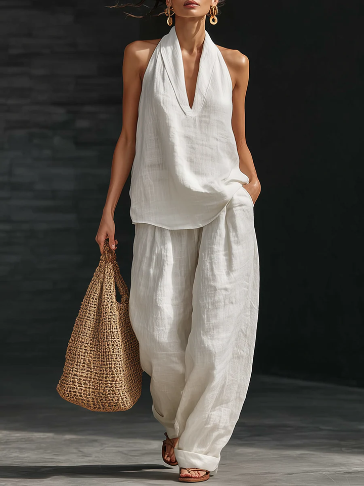 Lila V-neck Sleeveless Top and Wide-leg Trousers Set