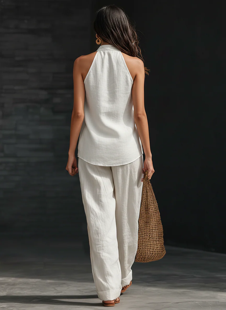 Lila V-neck Sleeveless Top and Wide-leg Trousers Set