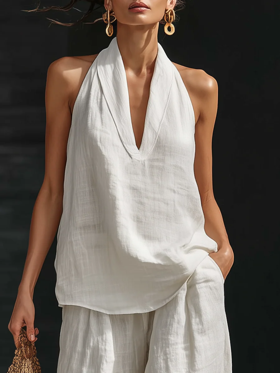 Lila V-neck Sleeveless Top and Wide-leg Trousers Set
