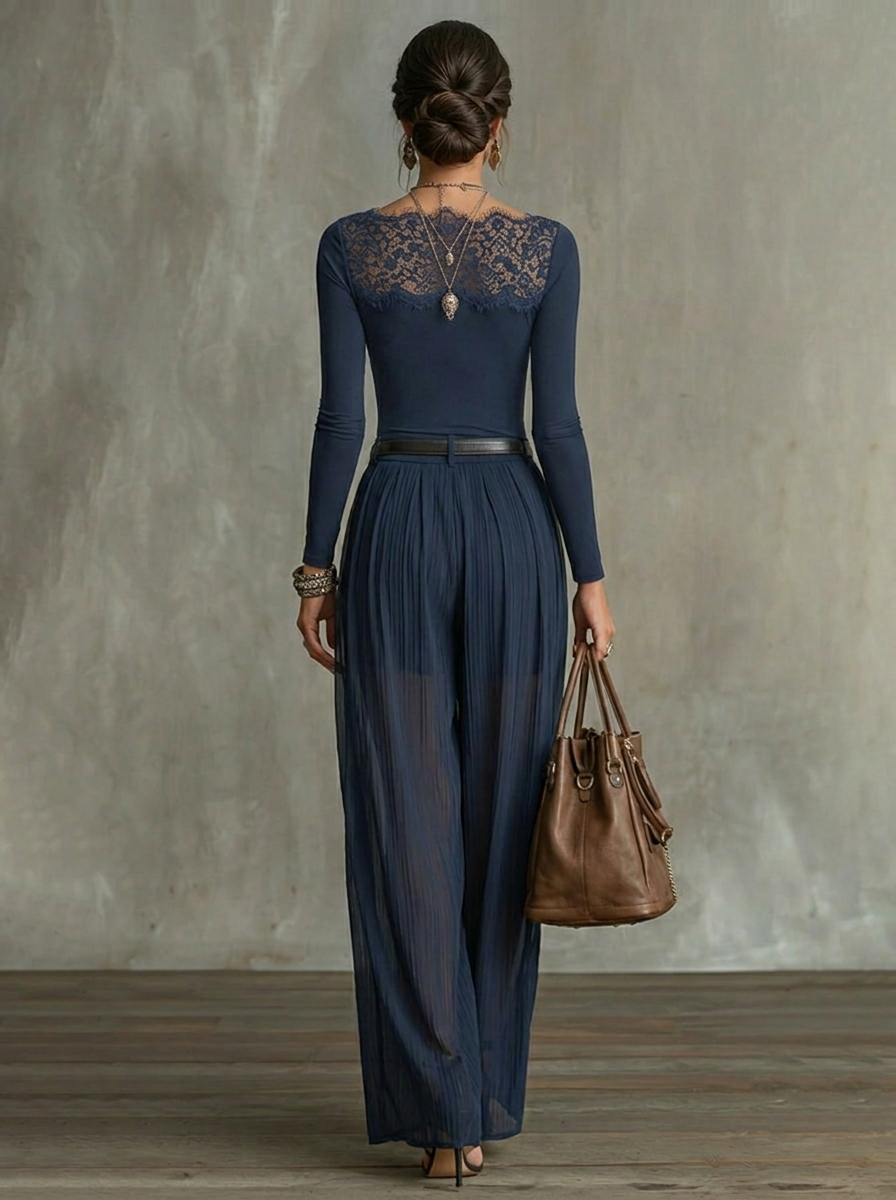 Serena Lace-Panel Top & Sheer Wide-Leg Trousers Set