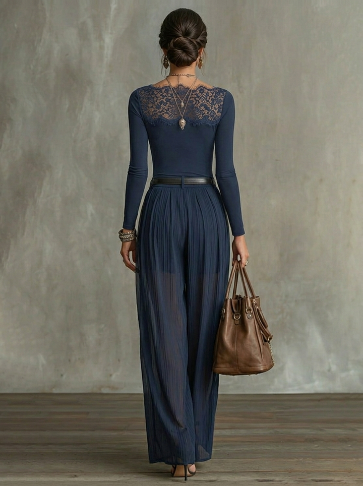 Serena Lace-Panel Top & Sheer Wide-Leg Trousers Set