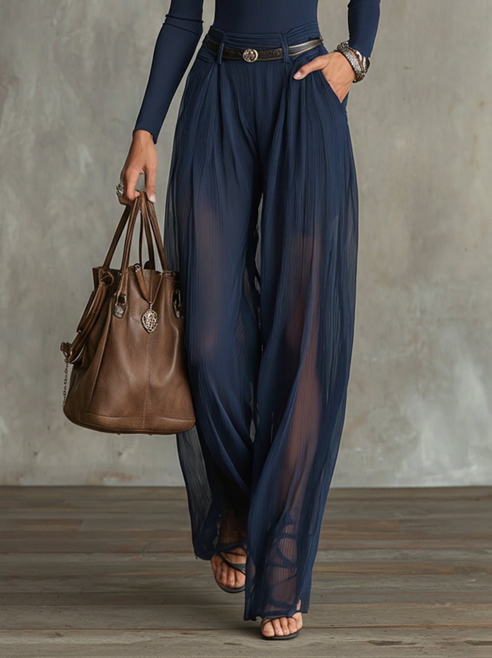 Serena Lace-Panel Top & Sheer Wide-Leg Trousers Set