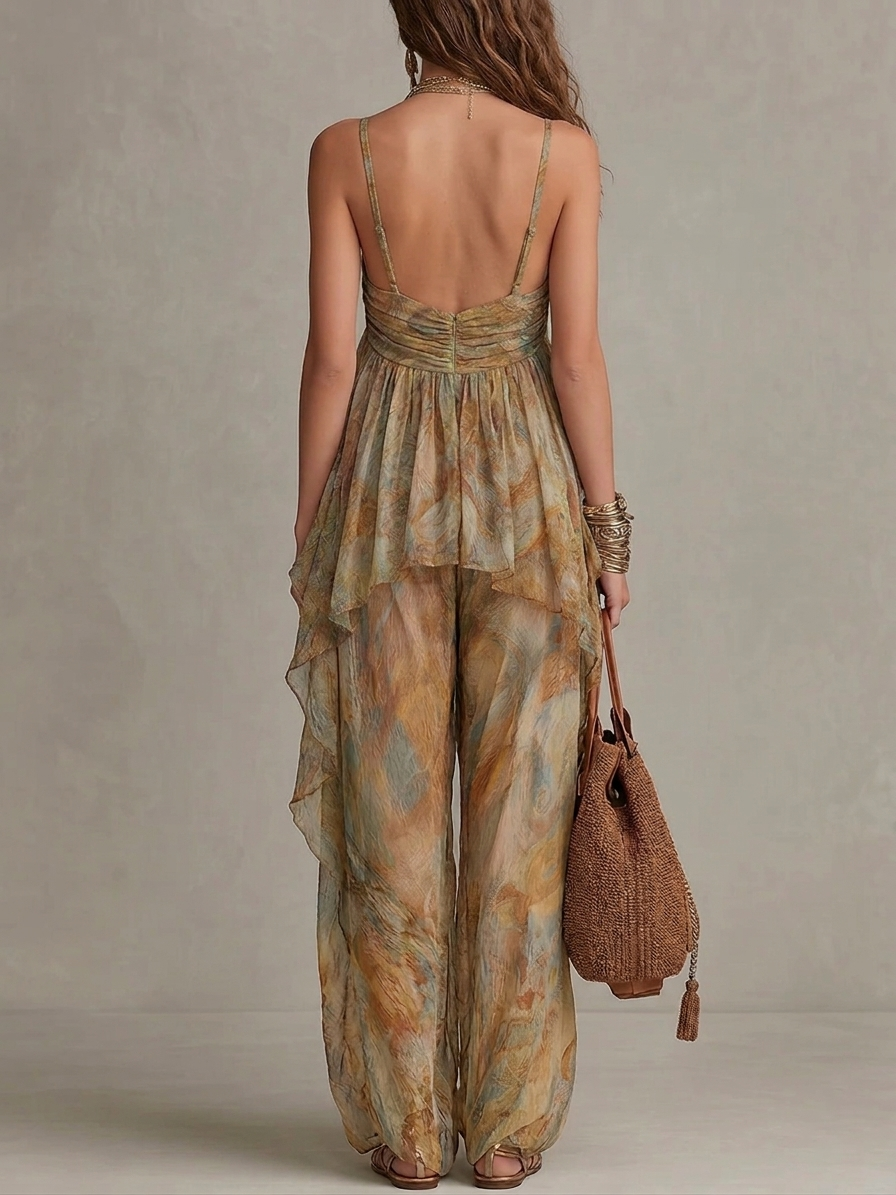 Sienna Chiffon Ruffled Camisole and Wide-leg Trousers Set