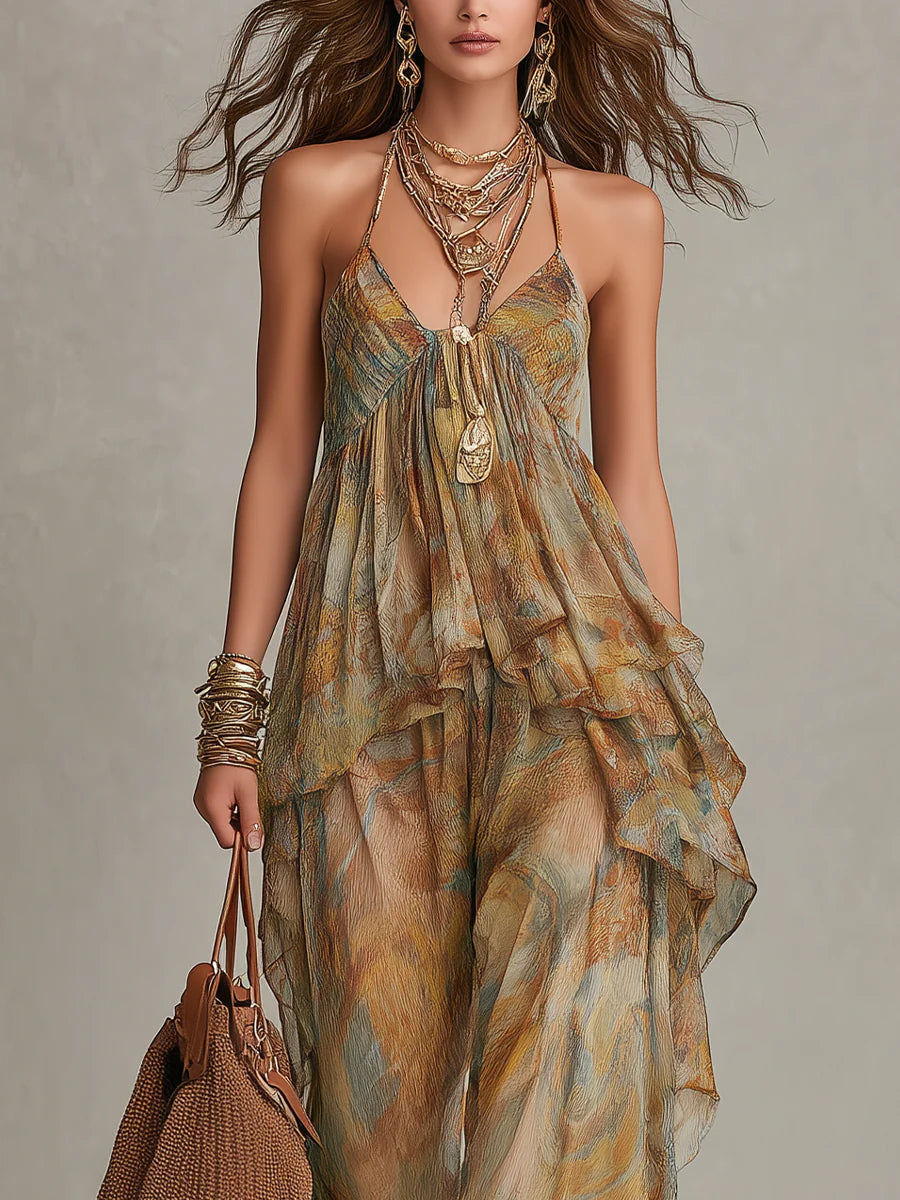 Sienna Chiffon Ruffled Camisole and Wide-leg Trousers Set