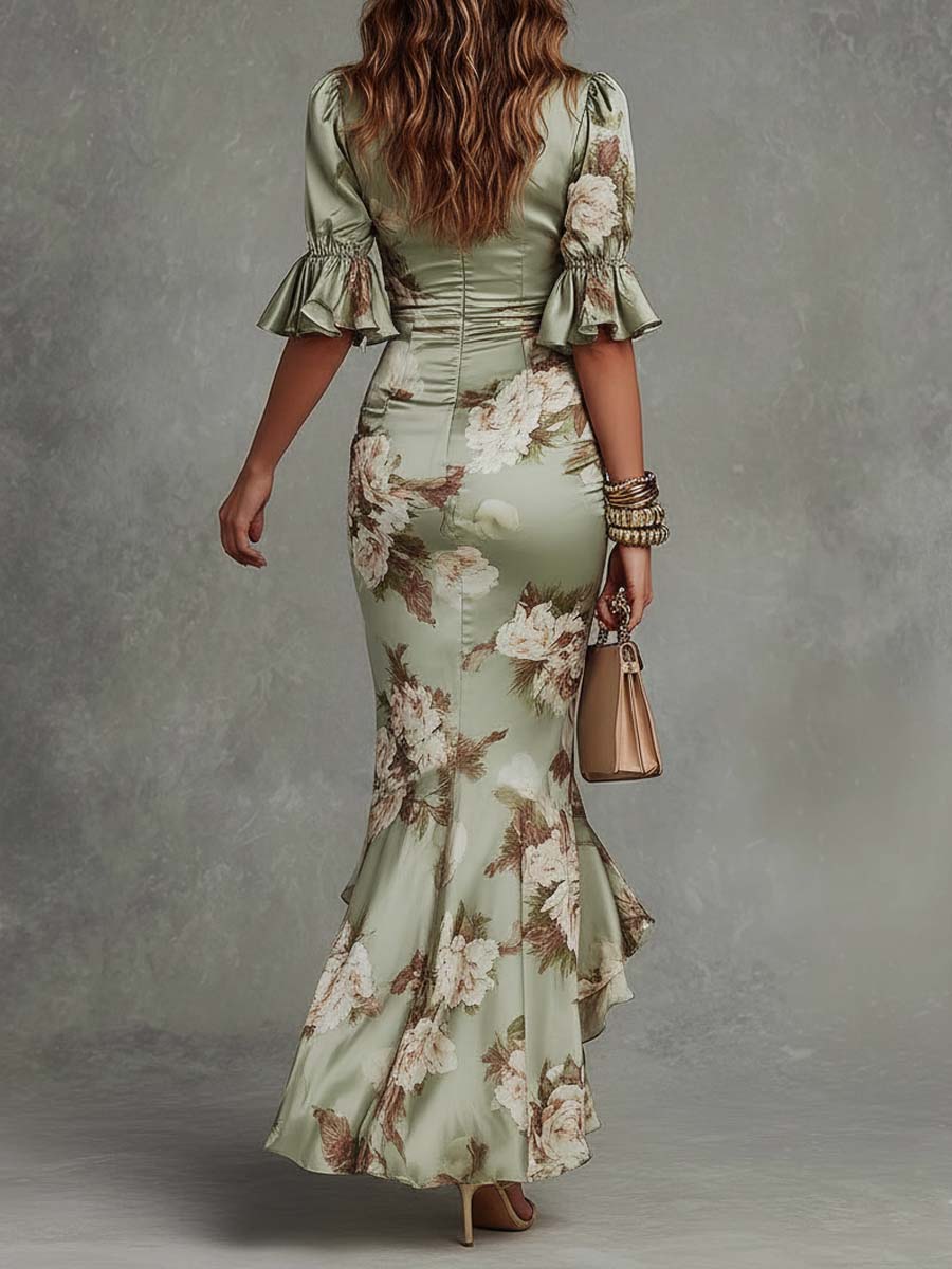 ROSALIE™ – Floral Ruched Satin Maxi Dress