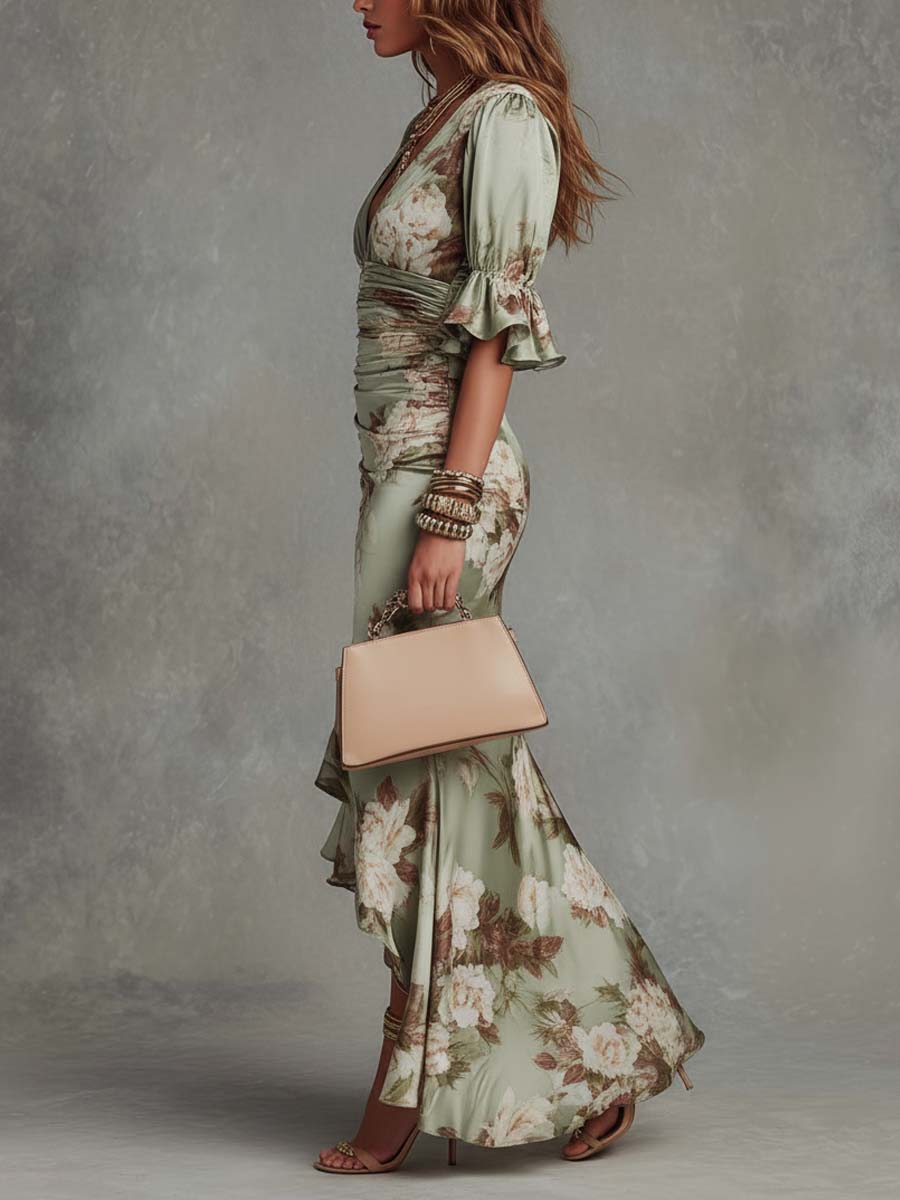 ROSALIE™ – Floral Ruched Satin Maxi Dress